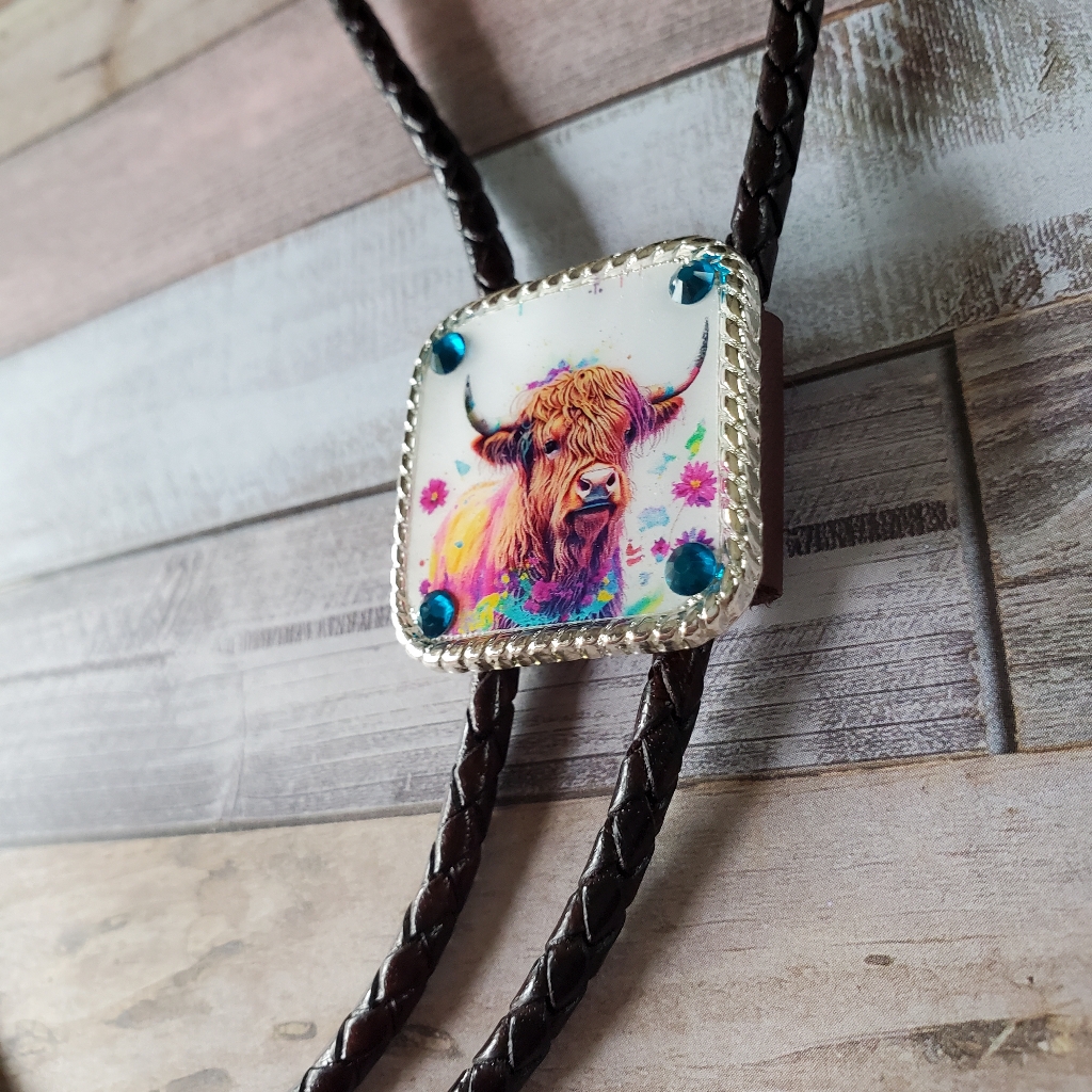 Cute Highland Cow Concho Western Necklace Bolo Tie With Hanava Braided